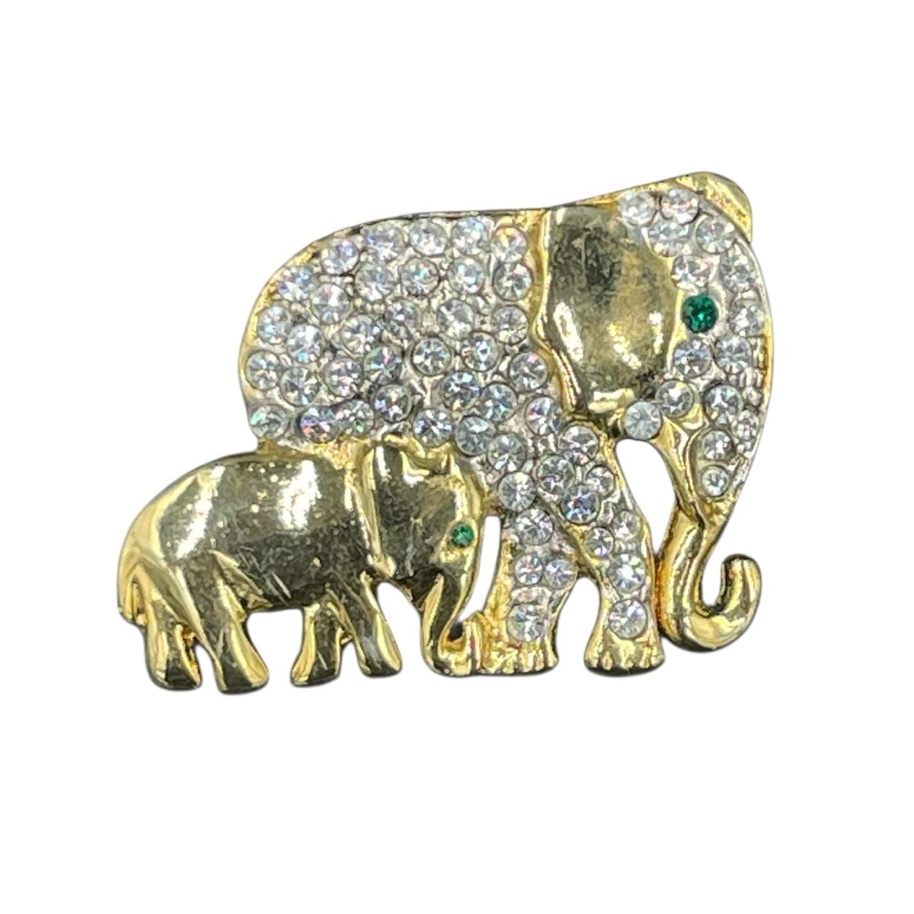 Vintage Diamonte Elegant Gold Plated Mother Elephant Brooch Pin